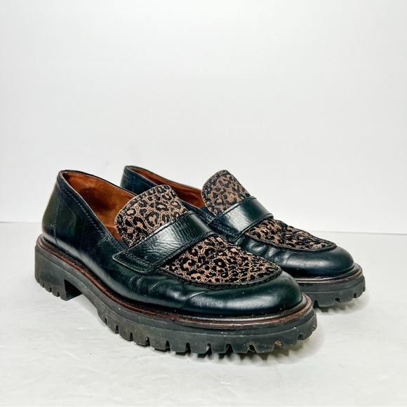 Paul Green Black and Brown Cheetah Print Leather Chunky Loafers Size 8 Women’s - Picture 1 of 7